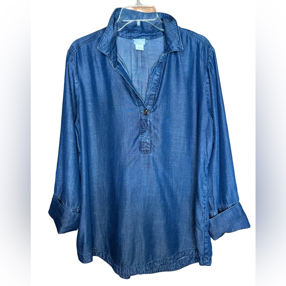 Chico's Indigo Half Button Down V-neck Collared Cuff Sleeve Chambray Shirt (2)L